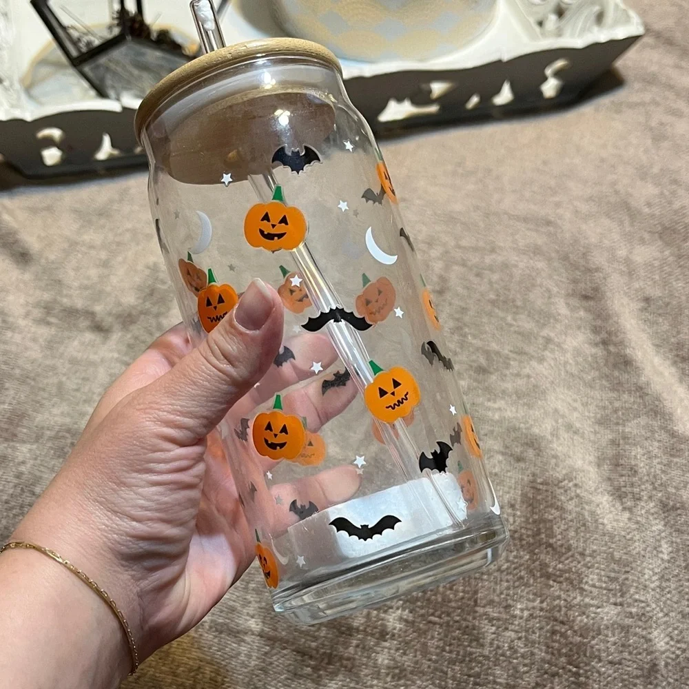 NWT Halloween Pumpkin Glass Tumbler with Glass Straw